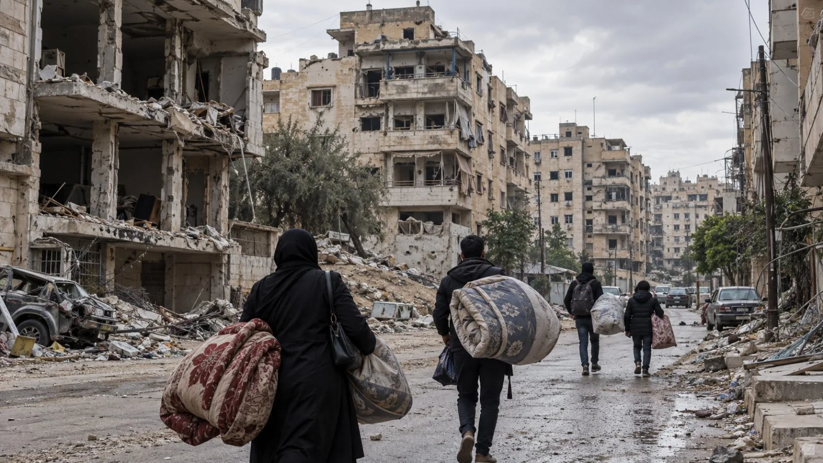 Residents carry bedding past damaged apartment buildings in Beirut’s southern suburbs, Lebanon. (AI-generated image / EconoTimes)