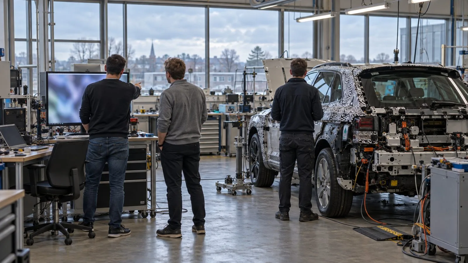Engineers review vehicle specifications in an automotive laboratory in Lippstadt, Germany. (AI-generated image / EconoTimes)