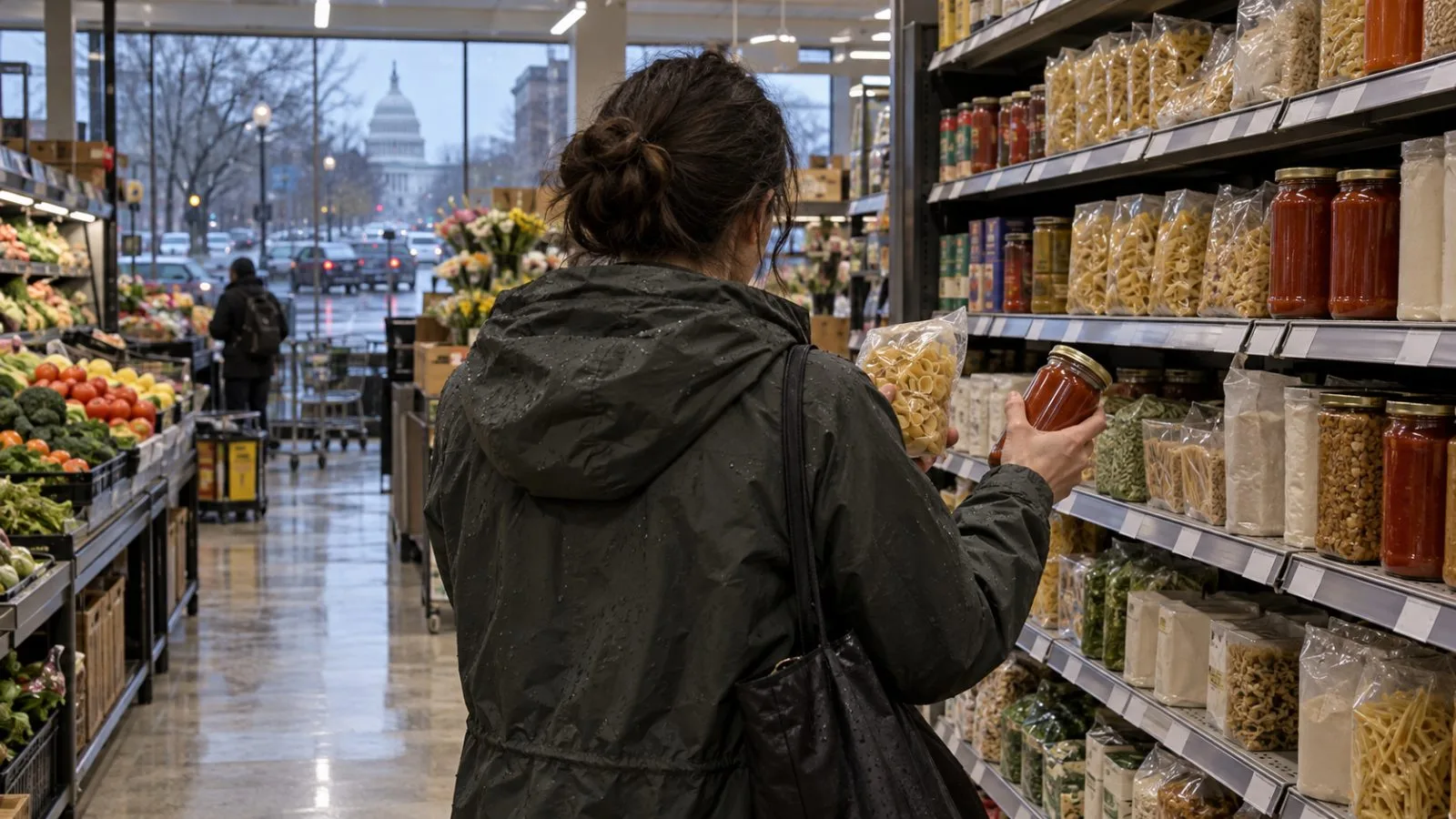 A shopper compares grocery prices at a supermarket in Washington, D.C. (AI-generated image / EconoTimes)