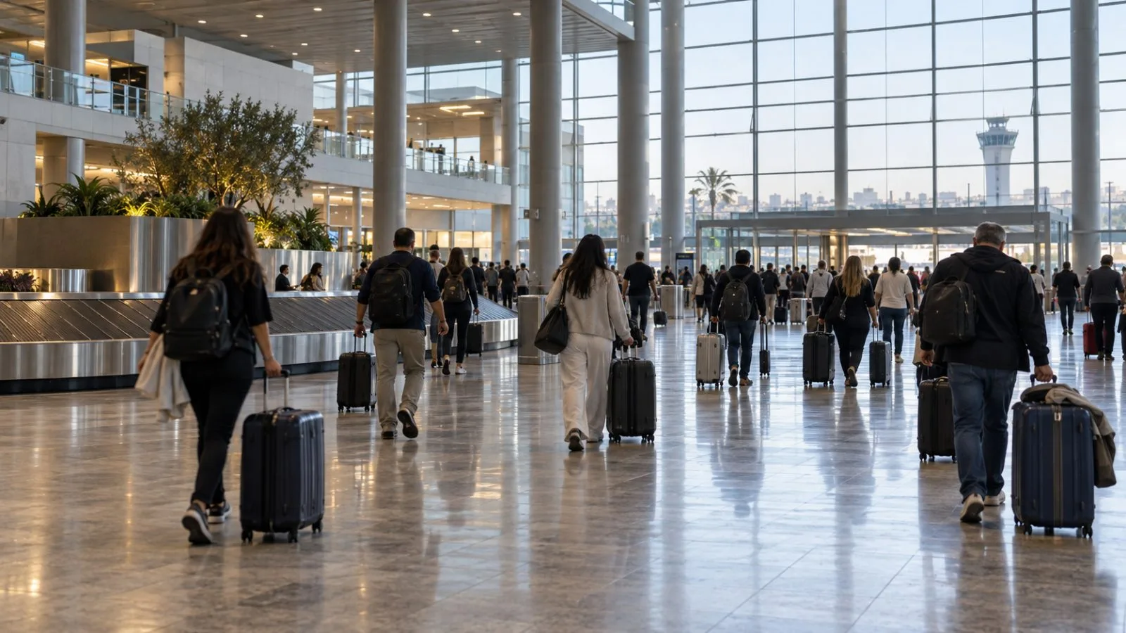 Travelers wheel suitcases through Ben Gurion Airport near Lod, Israel, ahead of election day. (AI-generated image / EconoTimes)