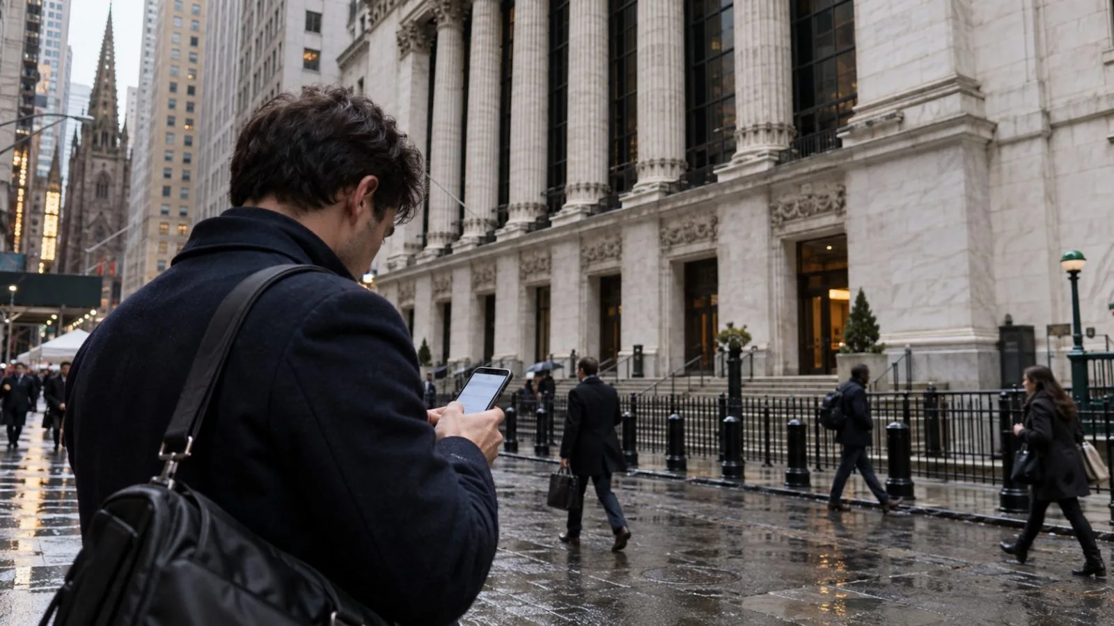 An investor checks a brokerage app outside the New York Stock Exchange in Manhattan (AI-generated image / EconoTimes)