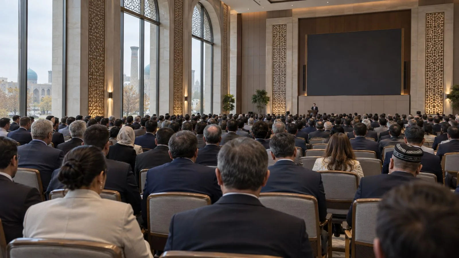 Delegates listen to a speaker at a business forum in Samarkand, Uzbekistan. (AI-generated image / EconoTimes)