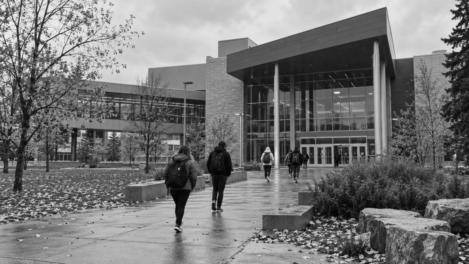 Attendees enter Saskatchewan Polytechnic before a federal home energy announcement in Saskatoon, Canada. (AI-generated image / EconoTimes)