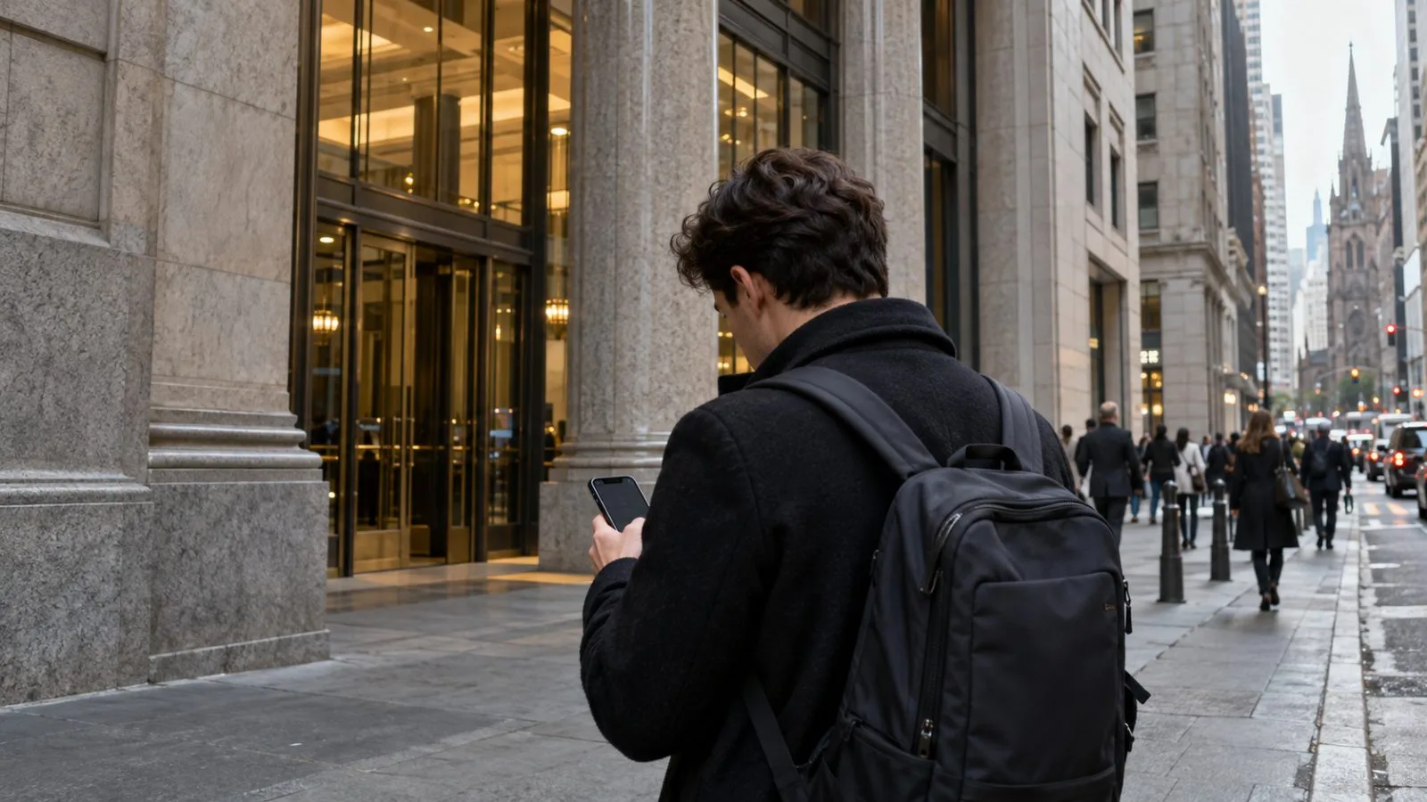 A passerby checks a phone outside a Broadway office building in Lower Manhattan, New York. (AI-generated image / EconoTimes)