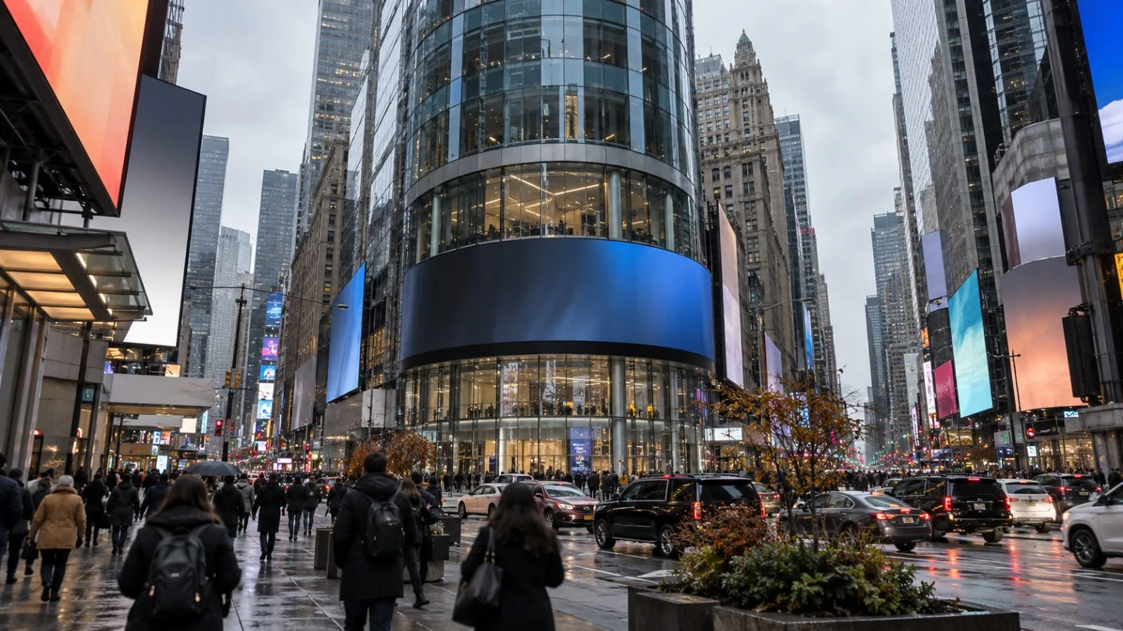 Commuters pass Nasdaq MarketSite in New York City on an overcast autumn morning. (AI-generated image / EconoTimes)
