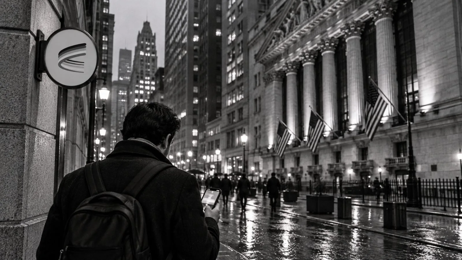 A pedestrian checks a phone on Broad Street near the New York Stock Exchange in Manhattan at dusk. / EconoTimes.ai