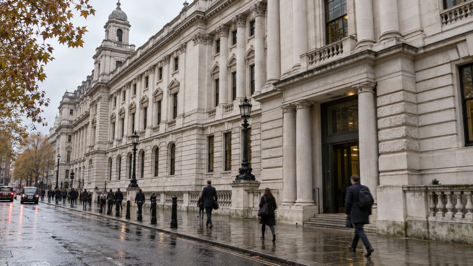 The Treasury building stands along Horse Guards Road in central London on an overcast autumn morning. (AI-generated image / EconoTimes)