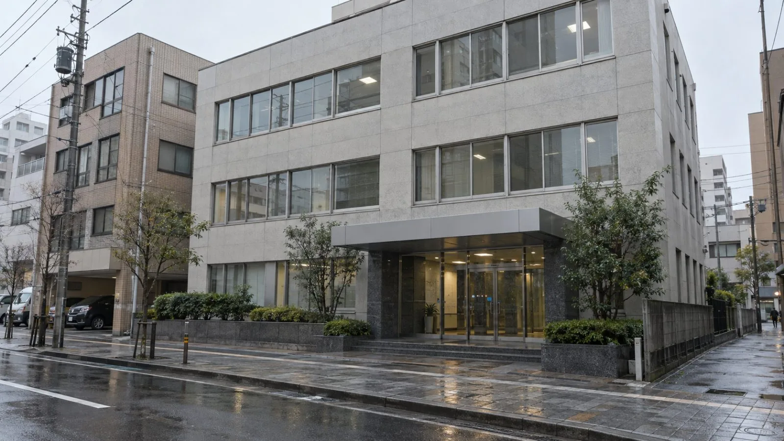 A low-rise office building stands on a quiet street in Kasukabe, Japan, beneath cloudy afternoon light. (AI-generated image / EconoTimes)