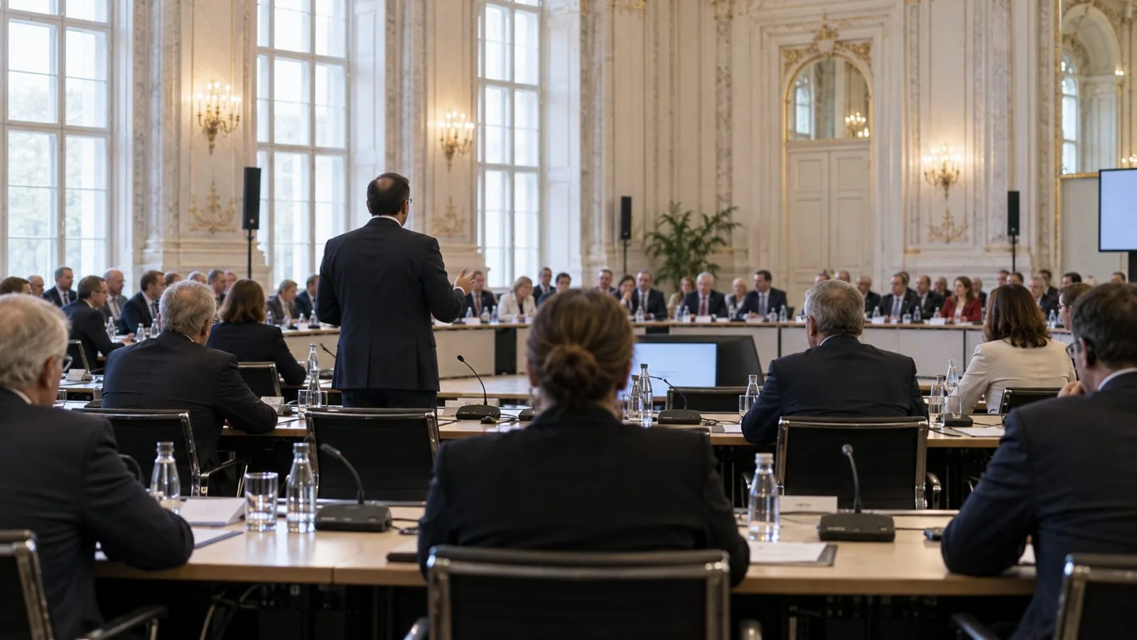 A delegate addresses a conference room at Vienna’s Hofburg in Austria. (AI-generated image / EconoTimes)