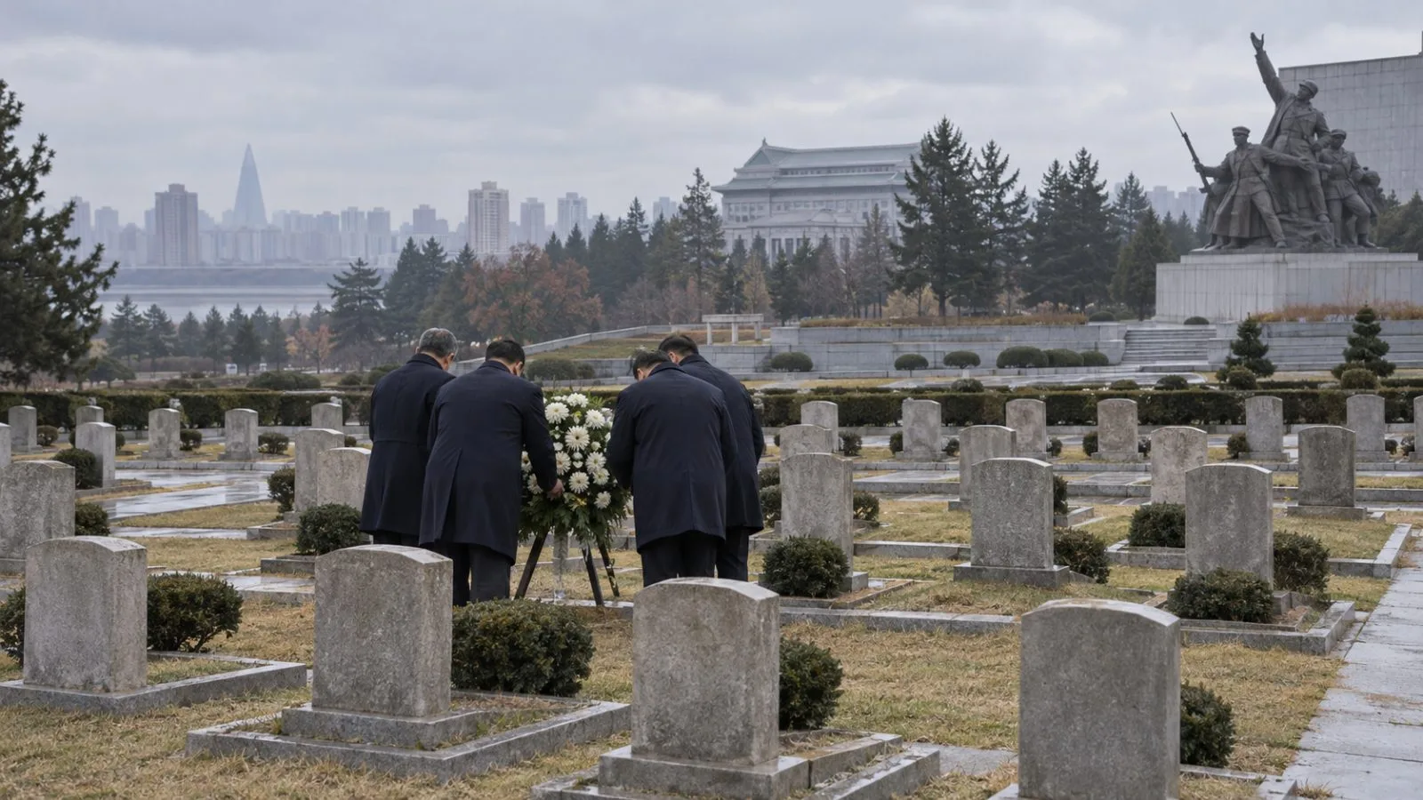 A wreath is laid at a Chinese soldiers’ memorial cemetery in Pyongyang, North Korea. (AI-generated image / EconoTimes)