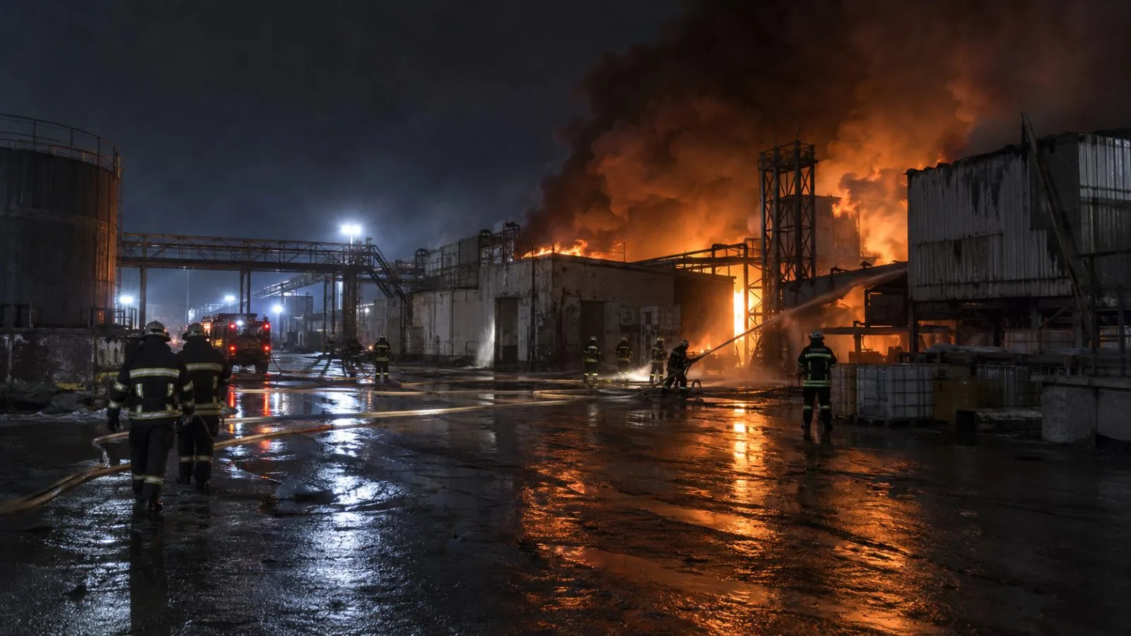 Fire crews work beside an industrial blaze near Novonikolskoye in Russia’s Tambov Oblast (AI-generated image / EconoTimes)