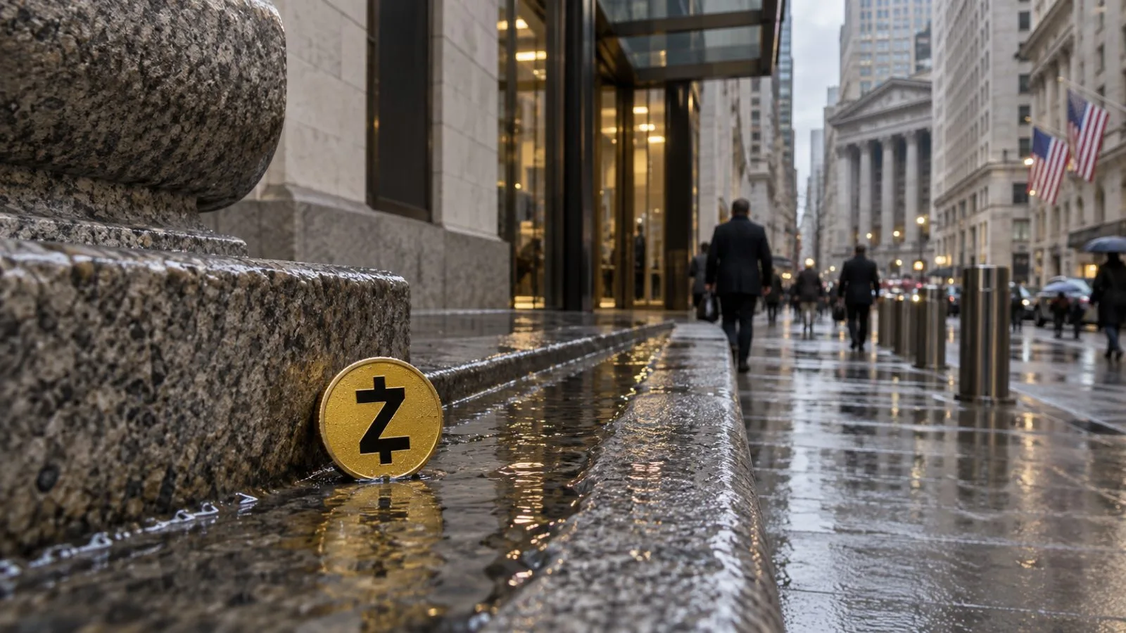 A brass-toned privacy coin rests beside a rain-darkened channel on Wall Street in Lower Manhattan. / EconoTimes.ai