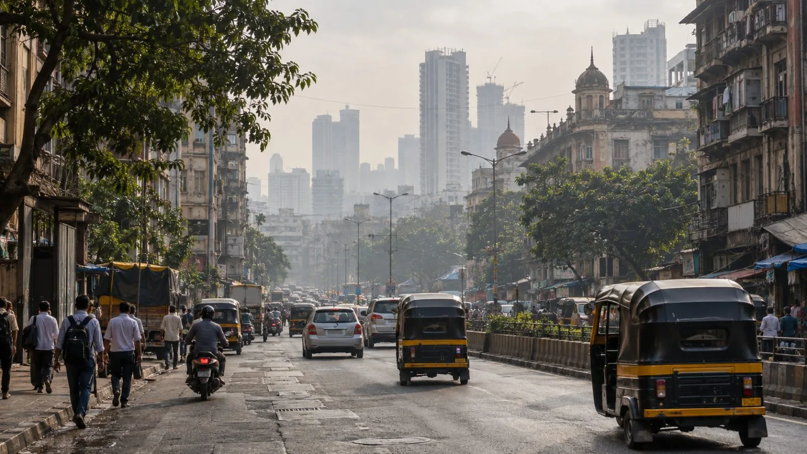 Commuters and auto-rickshaws move through a hazy morning street in Mumbai, India. (AI-generated image / EconoTimes)