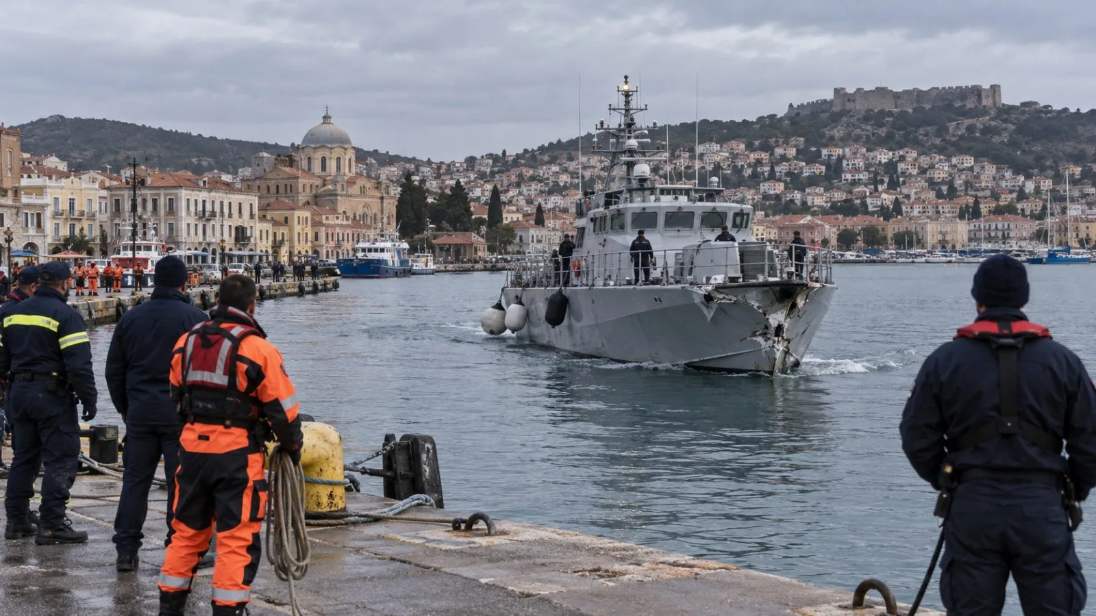 A coast guard patrol vessel approaches the quay in Mytilene, on Greece's Lesbos island. (AI-generated image / EconoTimes)