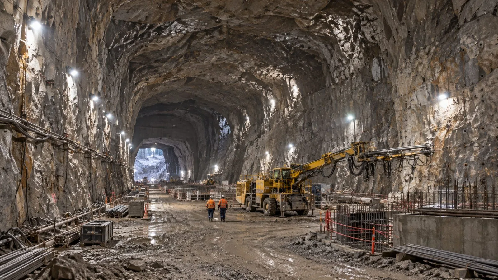 Workers and machinery occupy the excavated Snowy 2.0 power-station cavern in New South Wales, Australia. / EconoTimes.ai