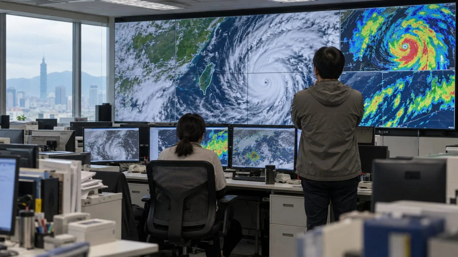 Meteorologists monitor a typhoon image inside Taiwan’s Central Weather Administration in Taipei. (AI-generated image / EconoTimes)