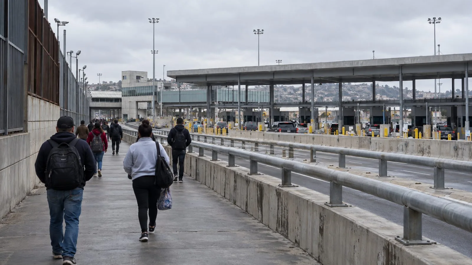 Pedestrians cross near the San Ysidro Port of Entry on the U.S.-Mexico border. (AI-generated image / EconoTimes)