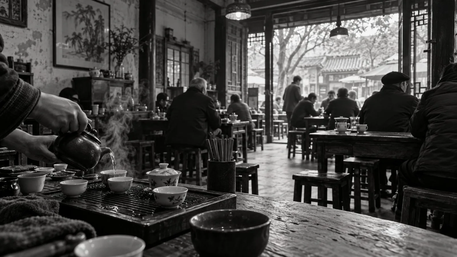 A server pours tea for patrons at a neighborhood teahouse in Chengdu, China (AI-generated image / EconoTimes)