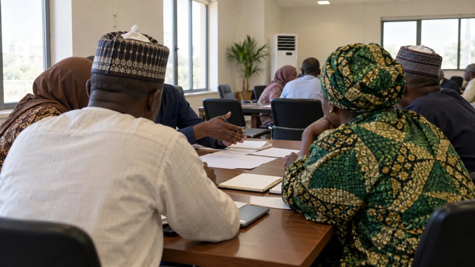 Attendees meet around a table at an agricultural finance workshop in Abuja, Nigeria. (AI-generated image / EconoTimes)