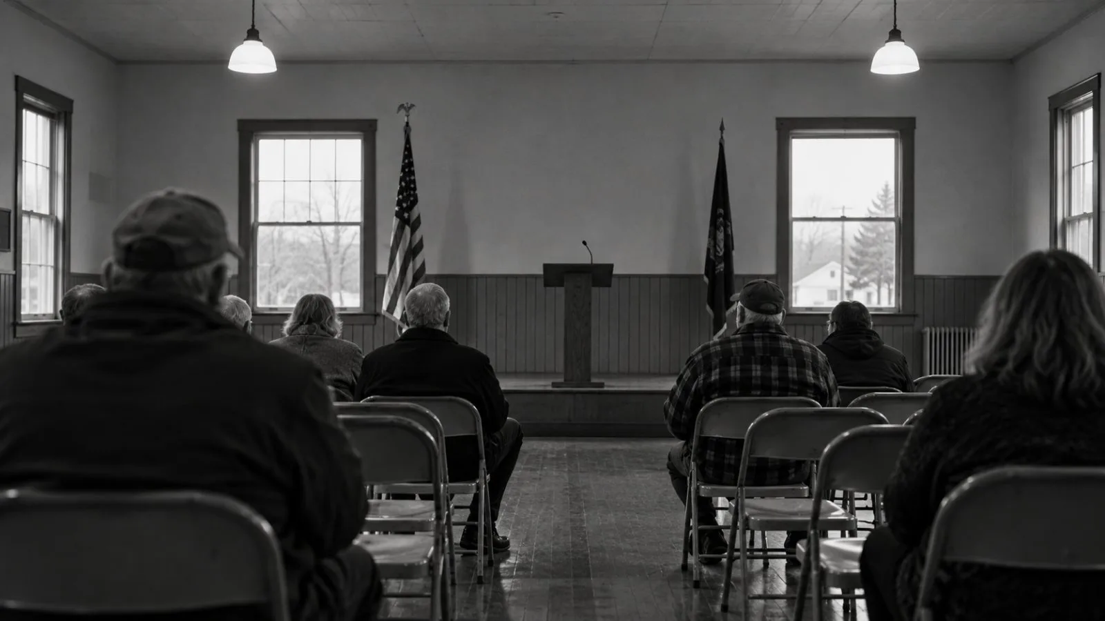 Attendees gather inside a community hall in Caro, Michigan, during a Senate campaign town hall. (AI-generated image / EconoTimes)