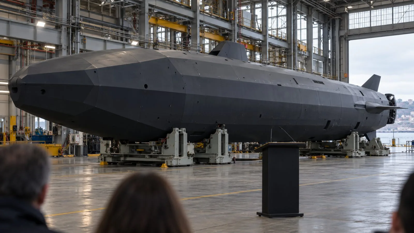 A large autonomous submarine rests on a production floor in Sydney, Australia. (AI-generated image / EconoTimes)