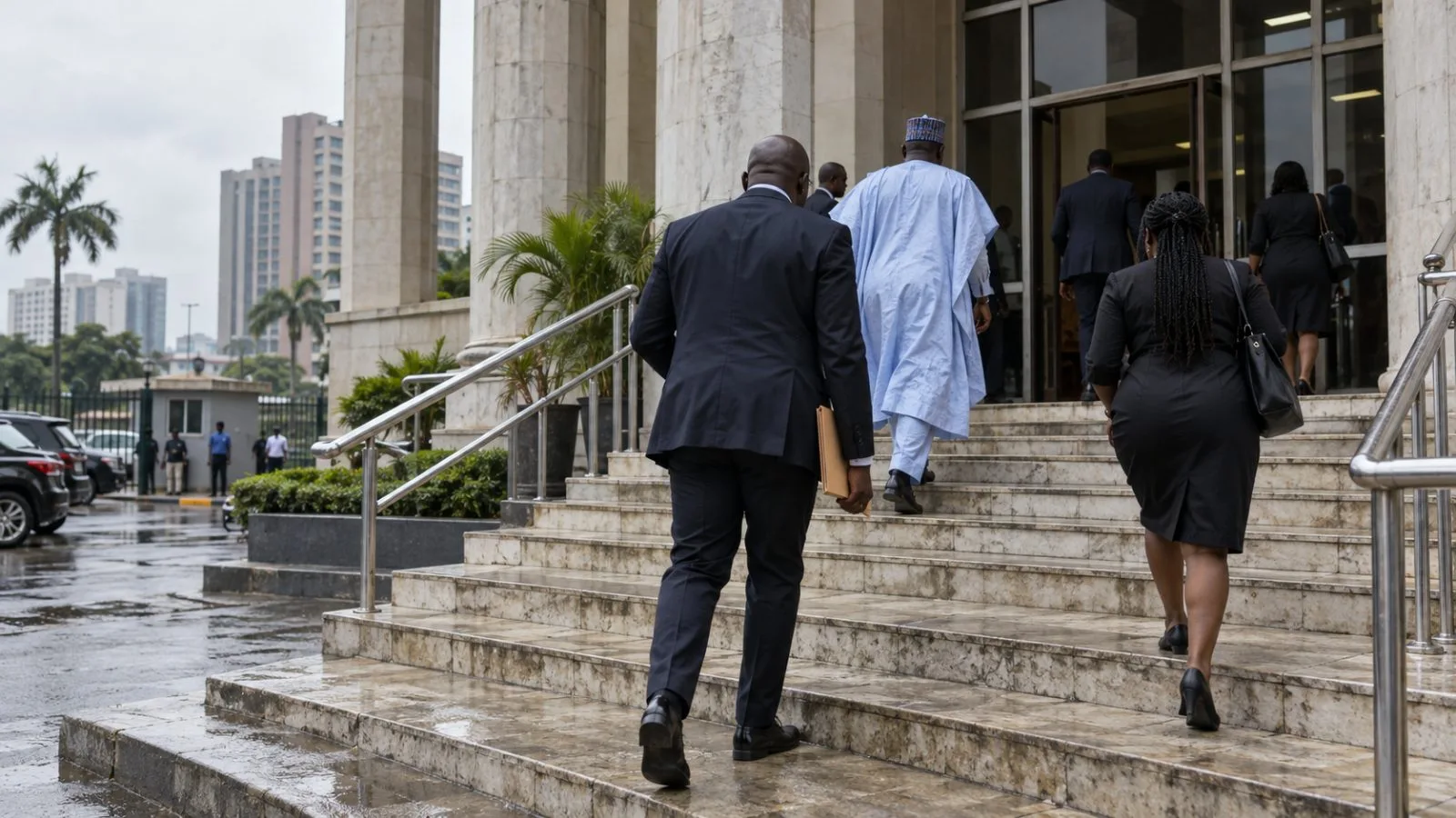 Visitors enter a Lagos State High Court building in Lagos, Nigeria, on an overcast morning. (AI-generated image / EconoTimes)