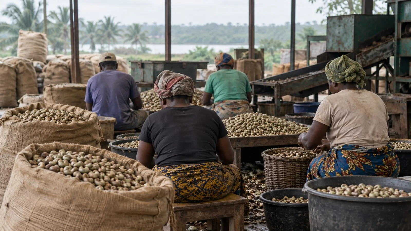 Workers sort raw cashews at a processing facility in Epe, Lagos, Nigeria (AI-generated image / EconoTimes)