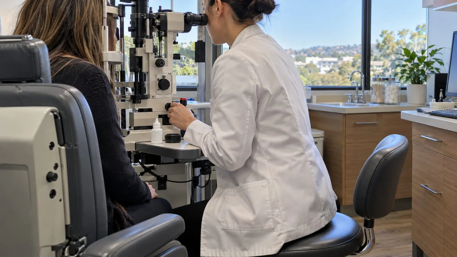 An eye-drop bottle sits beside a slit lamp at an Aliso Viejo eye clinic. (AI-generated image / EconoTimes)