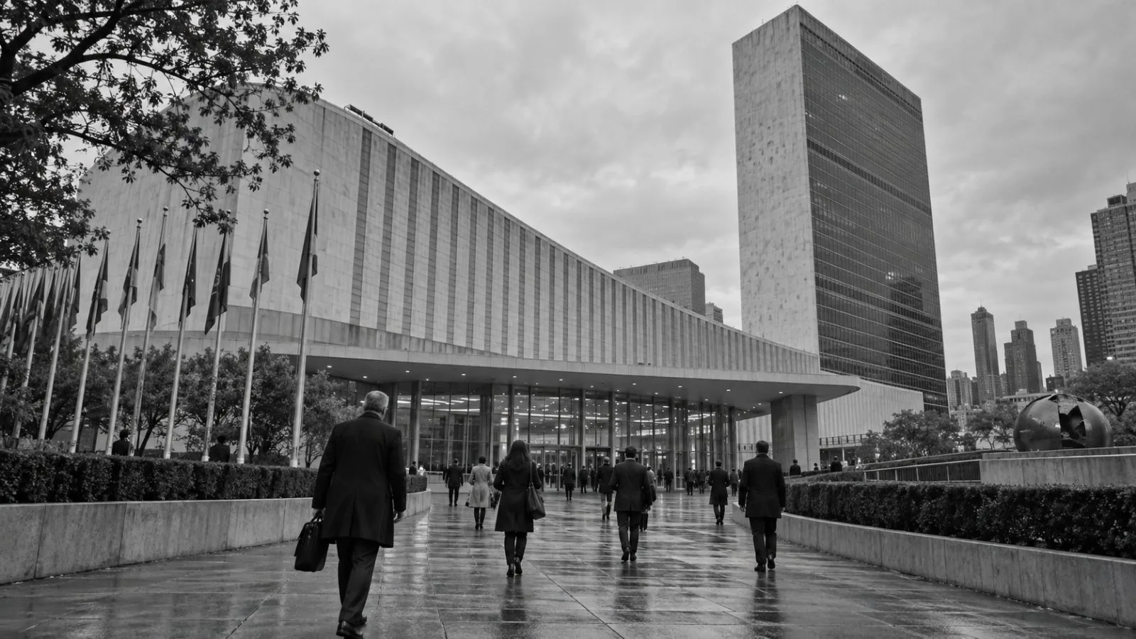 Visitors walk toward United Nations headquarters in New York City under overcast skies. (AI-generated image / EconoTimes)
