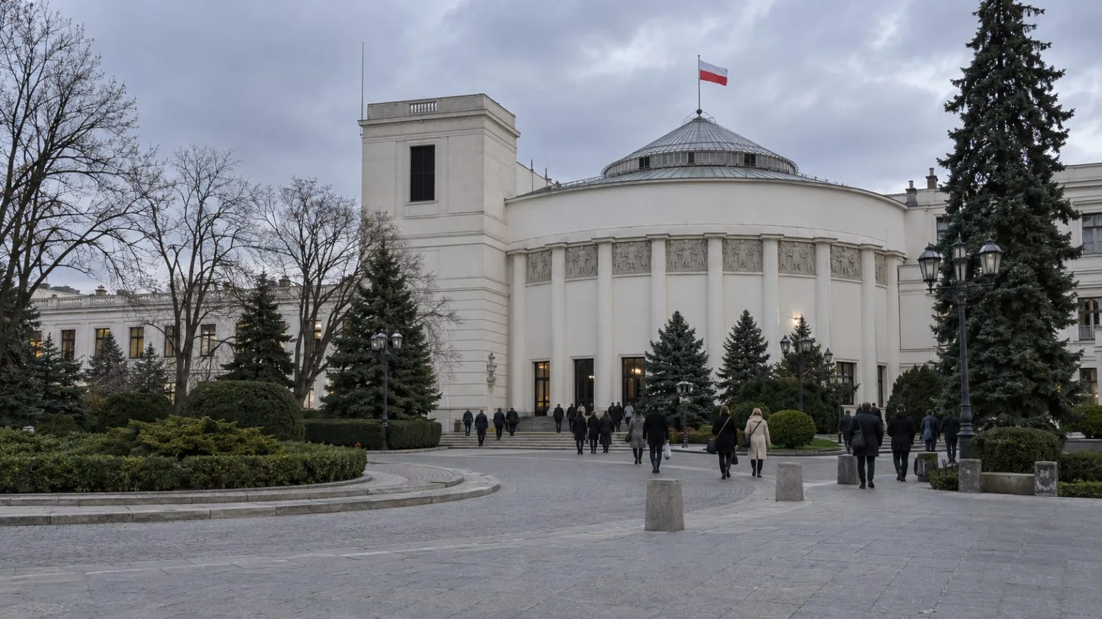 People leave the Sejm building in Warsaw, Poland, in late afternoon. (AI-generated image / EconoTimes)