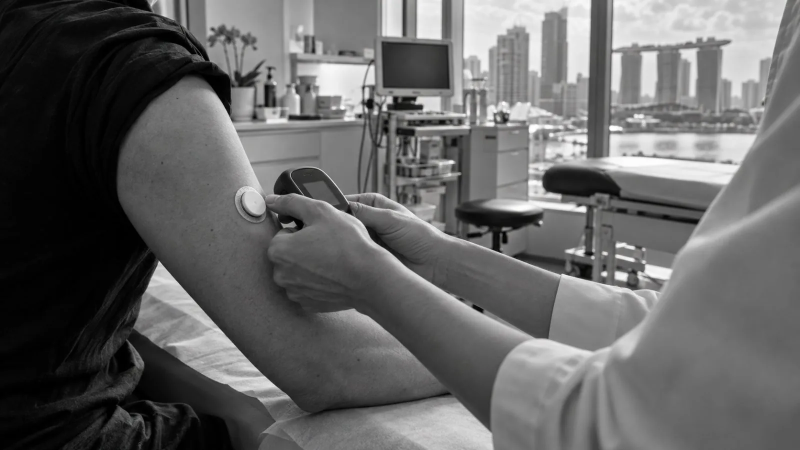 A clinic worker checks a wearable glucose sensor on a patient in Singapore. (AI-generated image / EconoTimes)