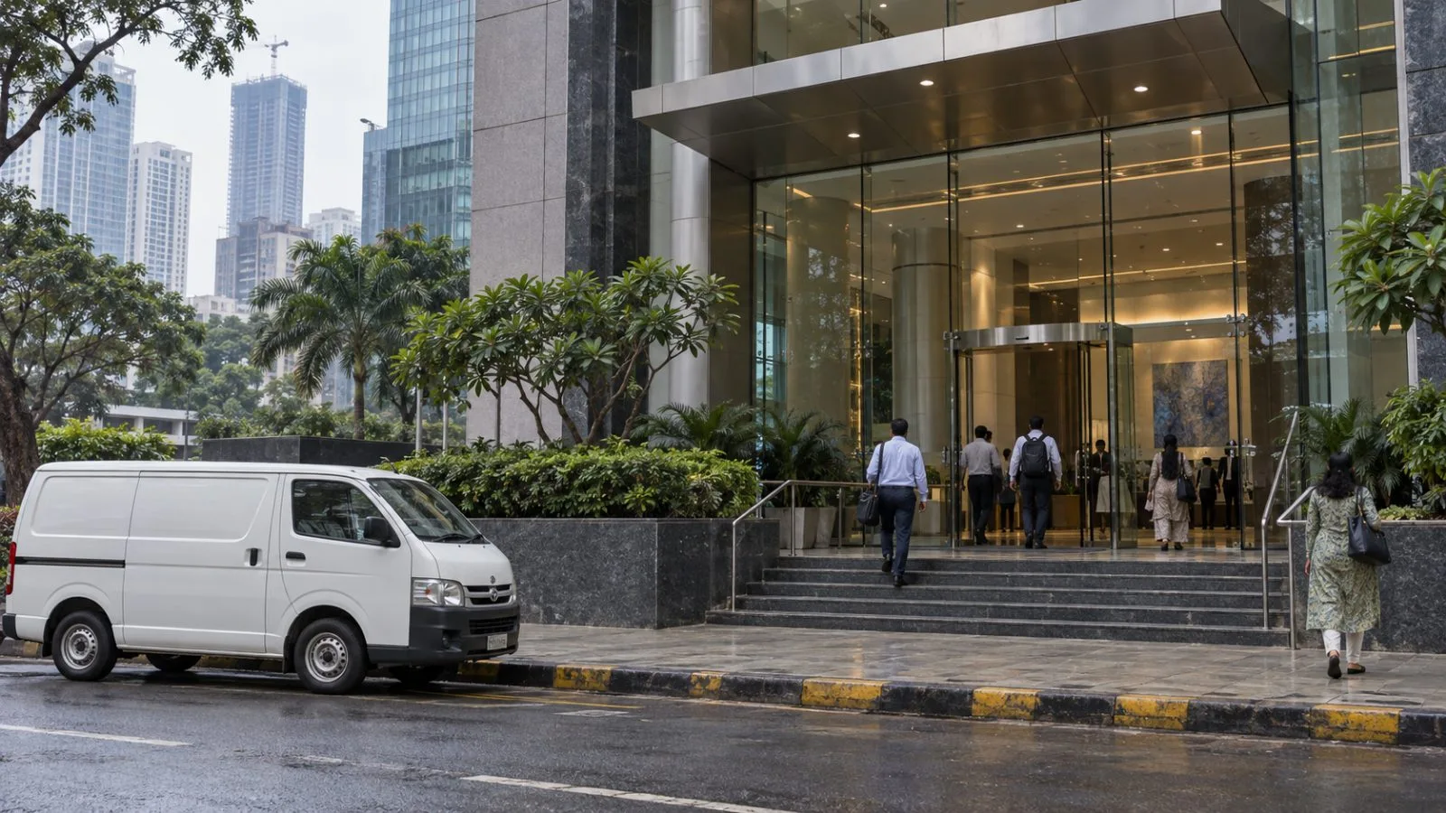 Commuters pass office towers in Mumbai's Worli business district. (AI-generated image / EconoTimes)