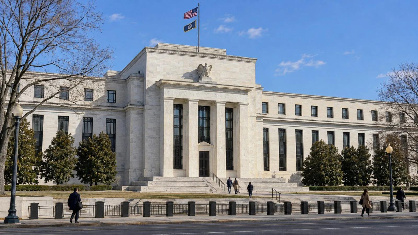 Pedestrians pass the Federal Reserve’s Eccles Building in Washington, D.C. (AI-generated image / EconoTimes)