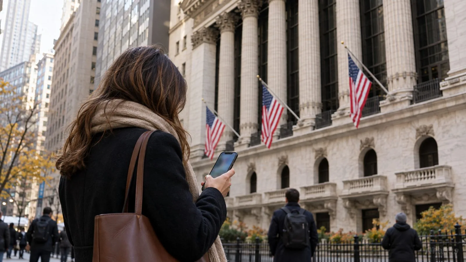 A passerby checks a phone outside the New York Stock Exchange in New York City (AI-generated image / EconoTimes)