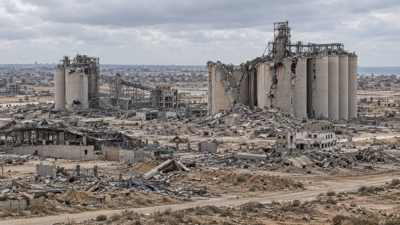 Damaged wheat silos stand at Great Ocean Mills in southern Gaza. (AI-generated image / EconoTimes)