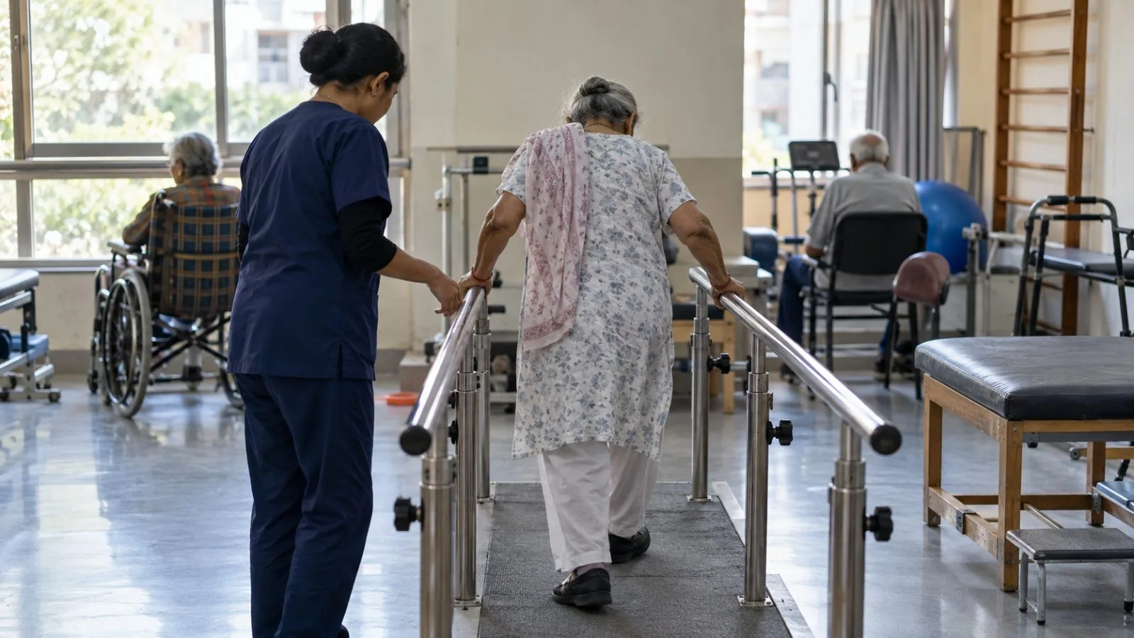 An older resident uses parallel bars during physiotherapy at a senior-care center in New Delhi (AI-generated image / EconoTimes)