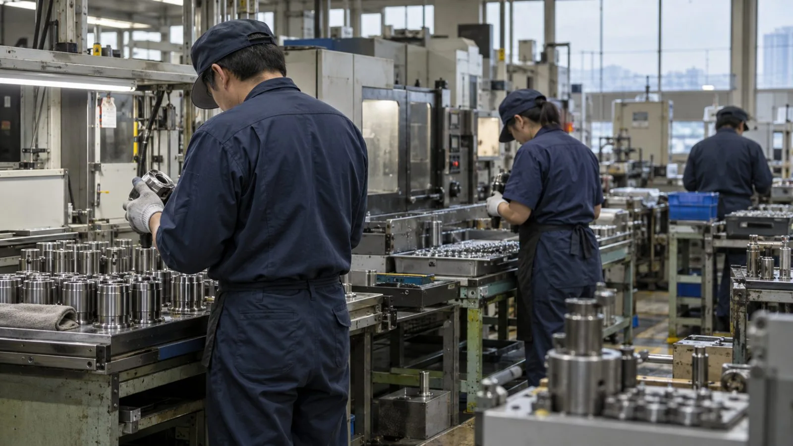 Workers inspect metal components on an assembly line at a factory in Osaka, Japan. (AI-generated image / EconoTimes)