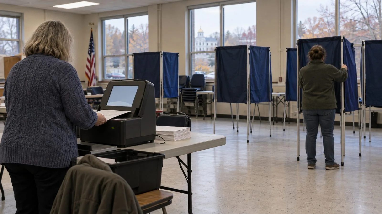 Election workers test a ballot scanner inside a polling place in Concord, New Hampshire. (AI-generated image / EconoTimes)