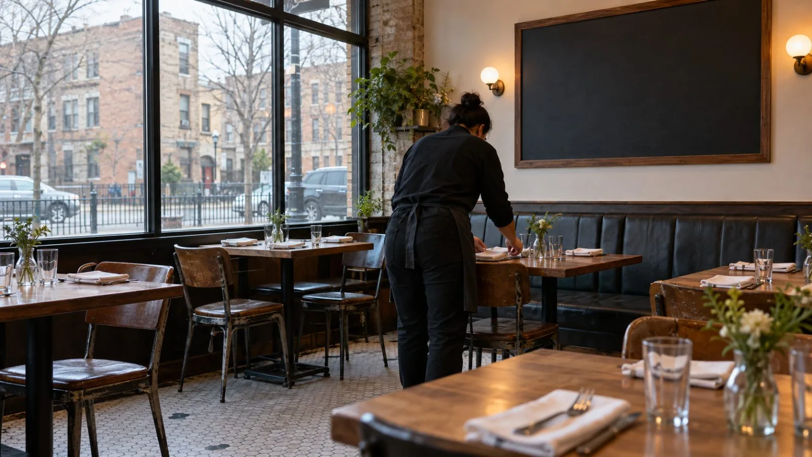 A worker sets tables before service at a neighborhood restaurant in Chicago, Illinois. (AI-generated image / EconoTimes)