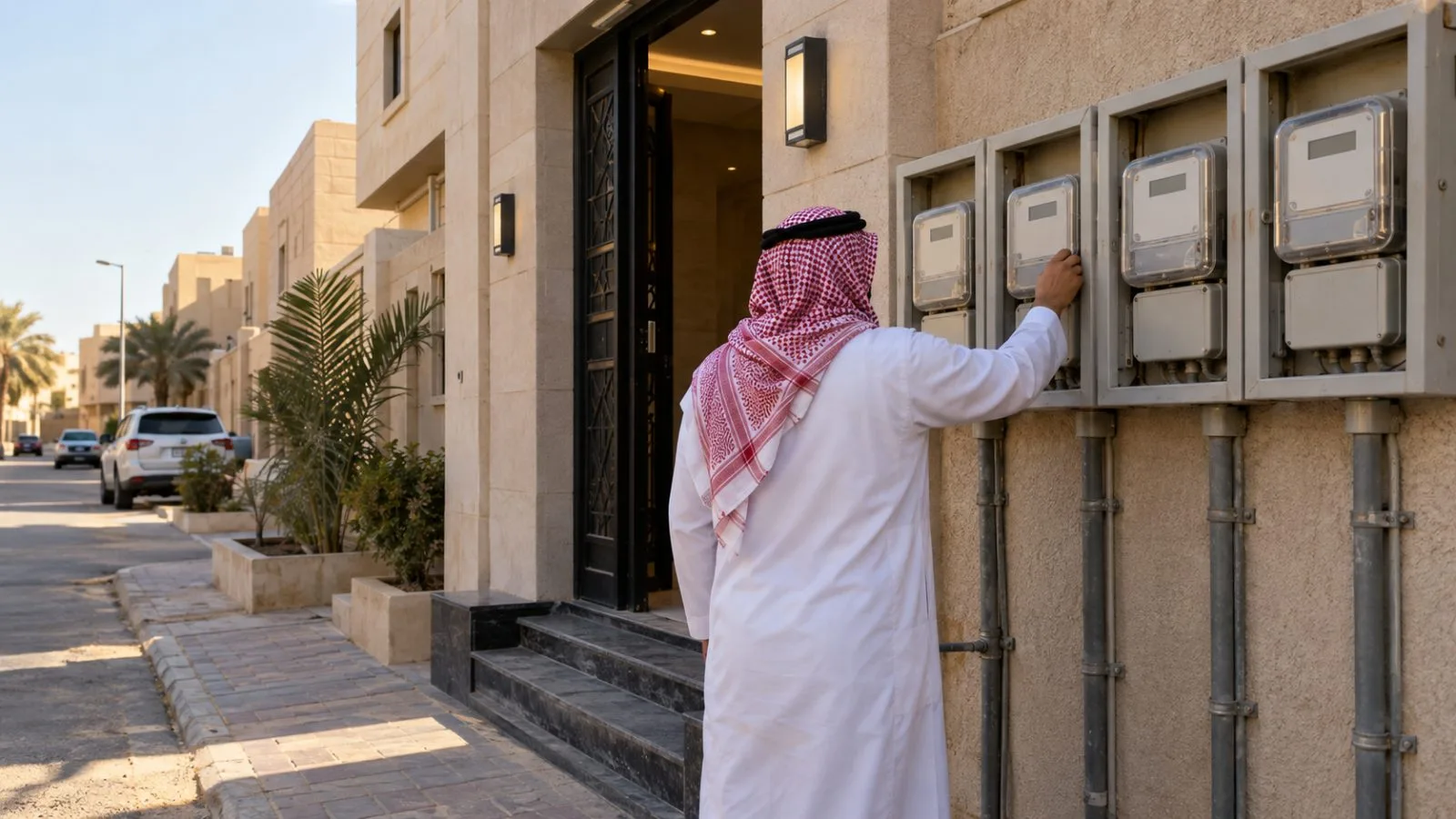 Electricity meters line the entrance to a residential building in Riyadh, Saudi Arabia (AI-generated image / EconoTimes)