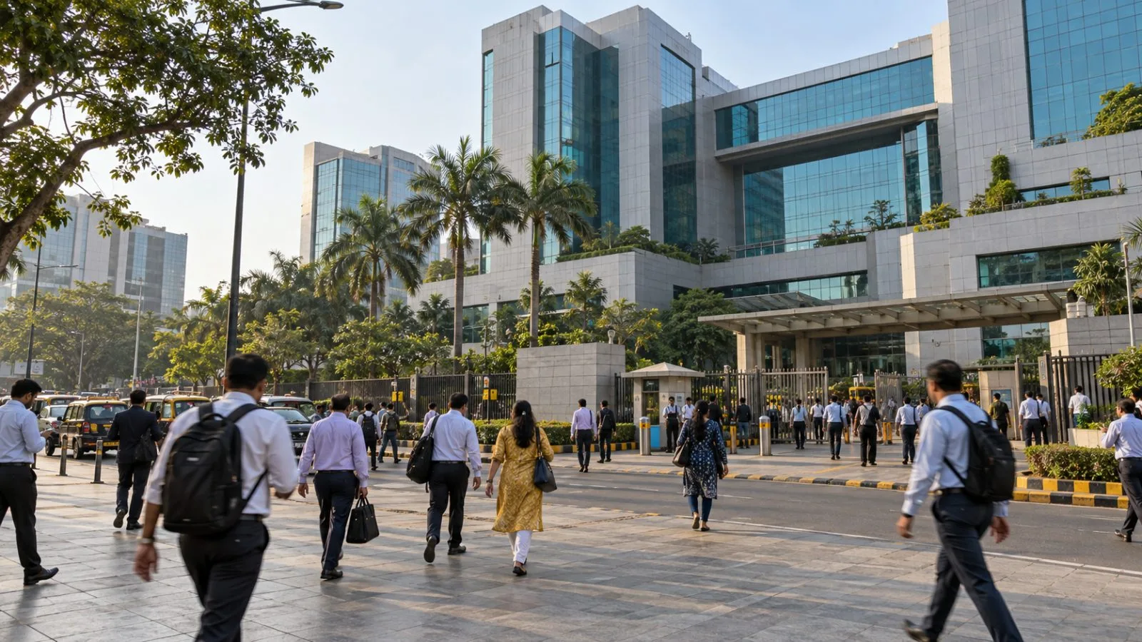 Commuters pass the National Stock Exchange complex in Mumbai, India, ahead of Diwali trading. (AI-generated image / EconoTimes)