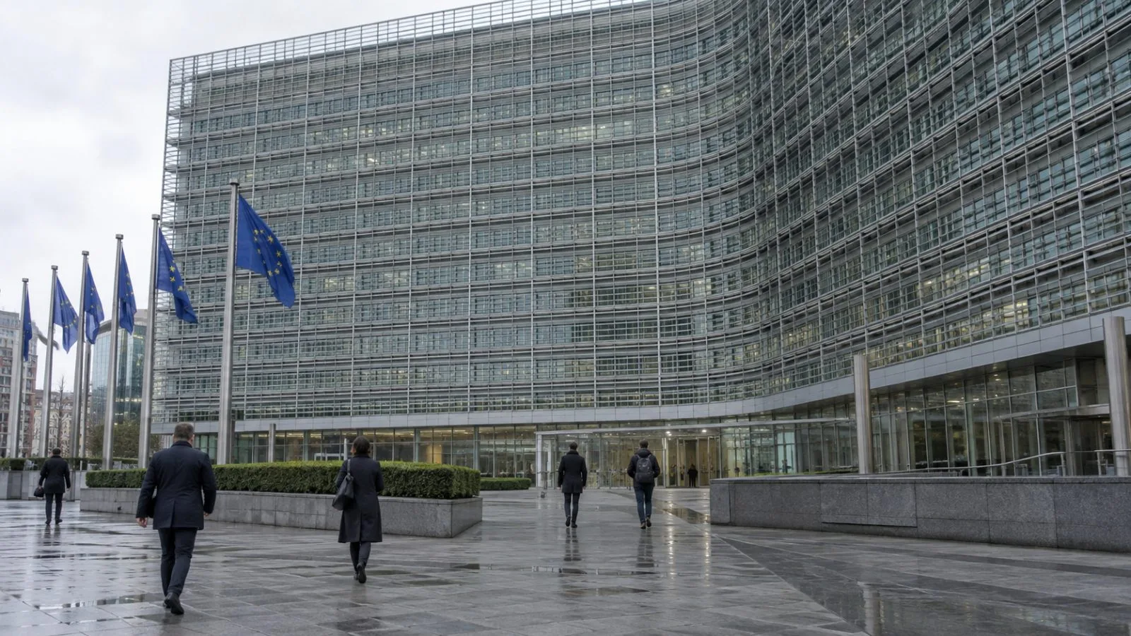 Officials cross the plaza outside the European Commission’s Berlaymont headquarters in Brussels on an overcast morning. (AI-generated image / EconoTimes)
