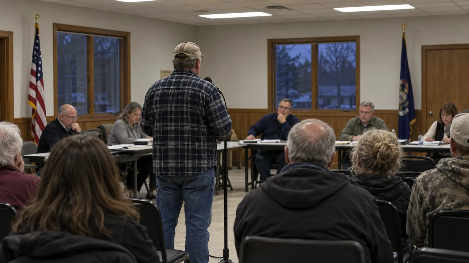 An attendee speaks at a town hall in Caro, Michigan, as others listen. (AI-generated image / EconoTimes)