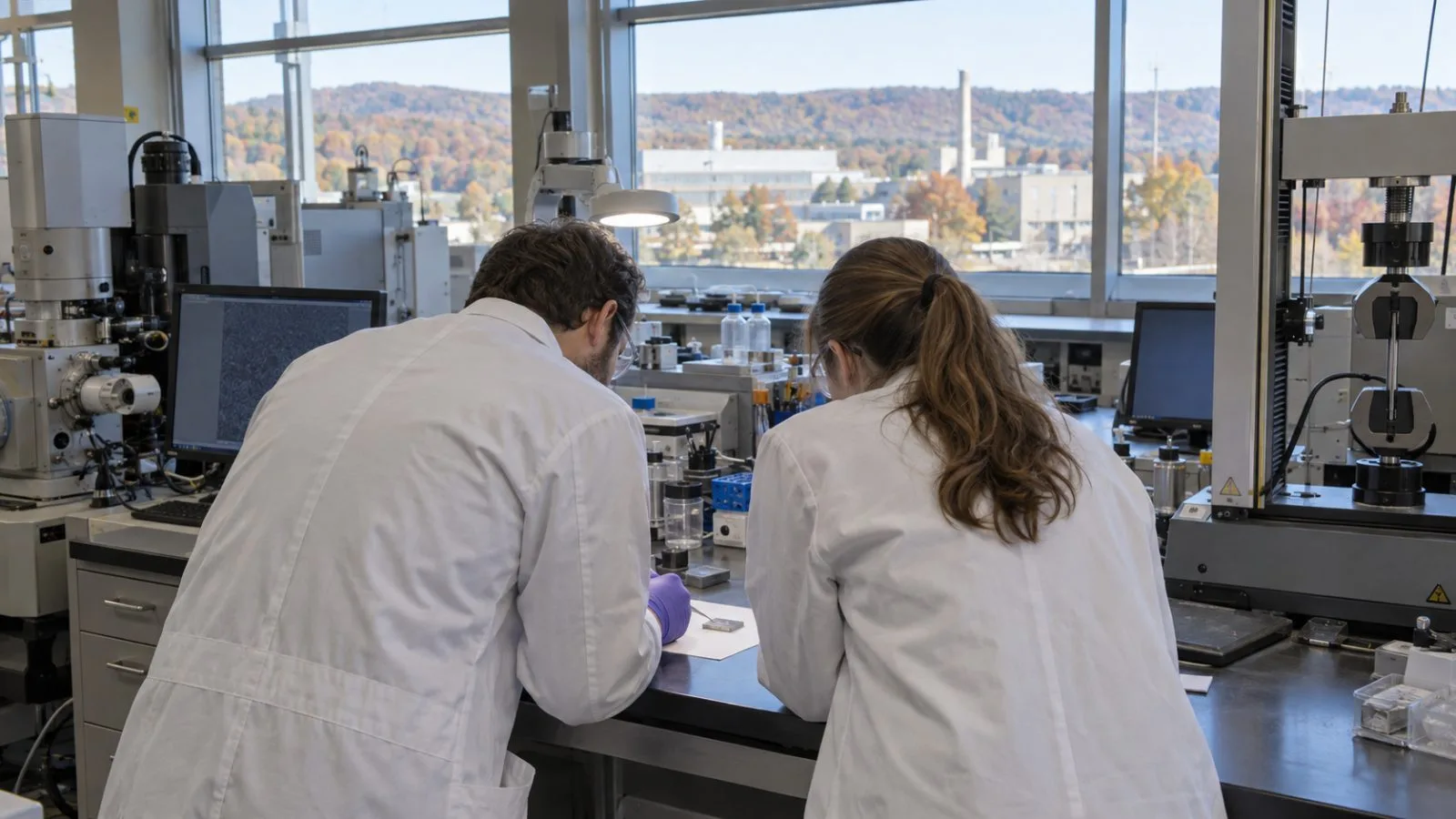 Researchers examine a small alloy sample in a materials laboratory at Oak Ridge National Laboratory. (AI-generated image / EconoTimes)