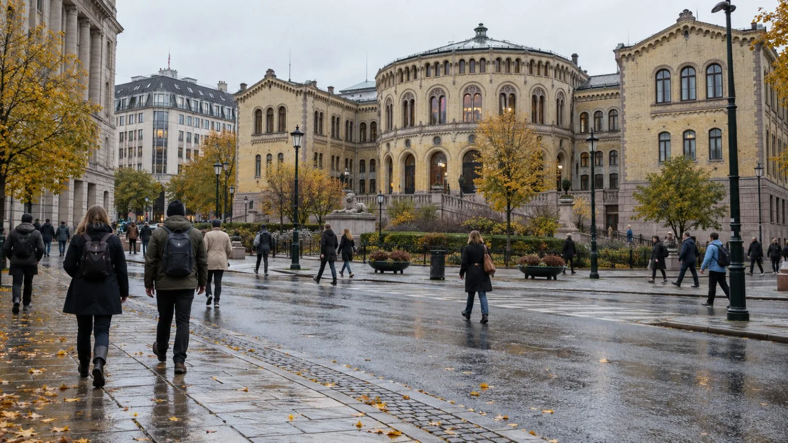 Pedestrians walk past government buildings in Oslo under overcast autumn skies. (AI-generated image / EconoTimes)