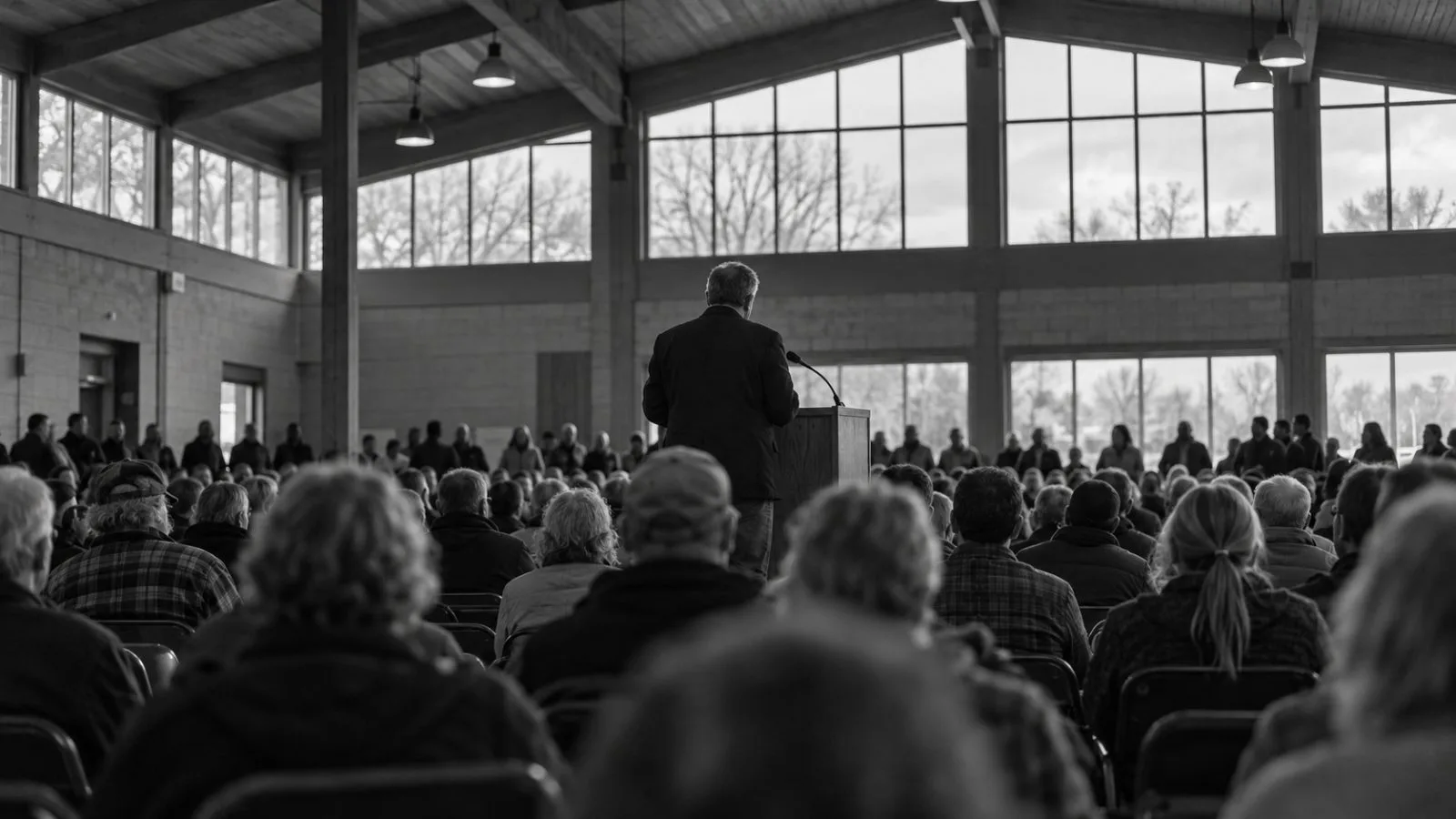 Supporters watch a speaker at an autumn campaign rally in Sioux City, Iowa. (AI-generated image / EconoTimes)