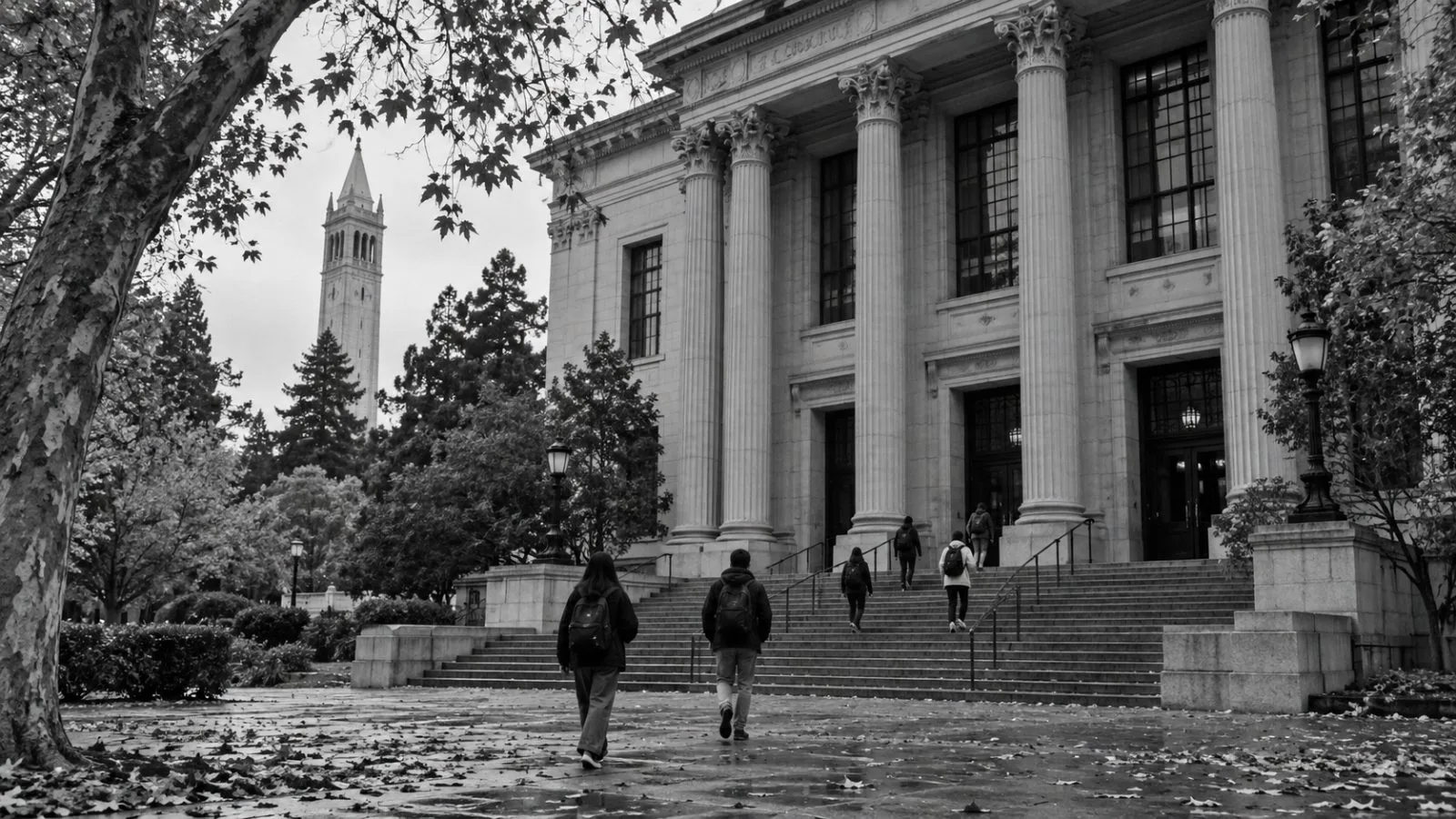 Attendees walk toward a university lecture building on the UC Berkeley campus in Berkeley, California. (AI-generated image / EconoTimes)