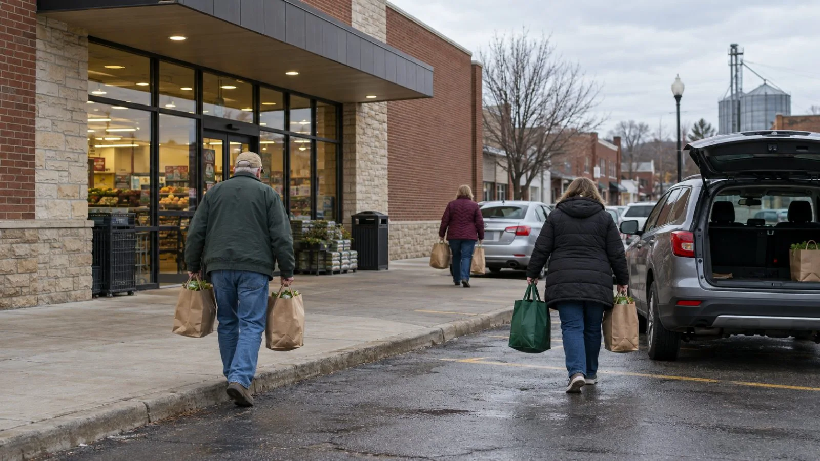 Shoppers carry groceries along a small-town street in Boone, Iowa. (AI-generated image / EconoTimes)