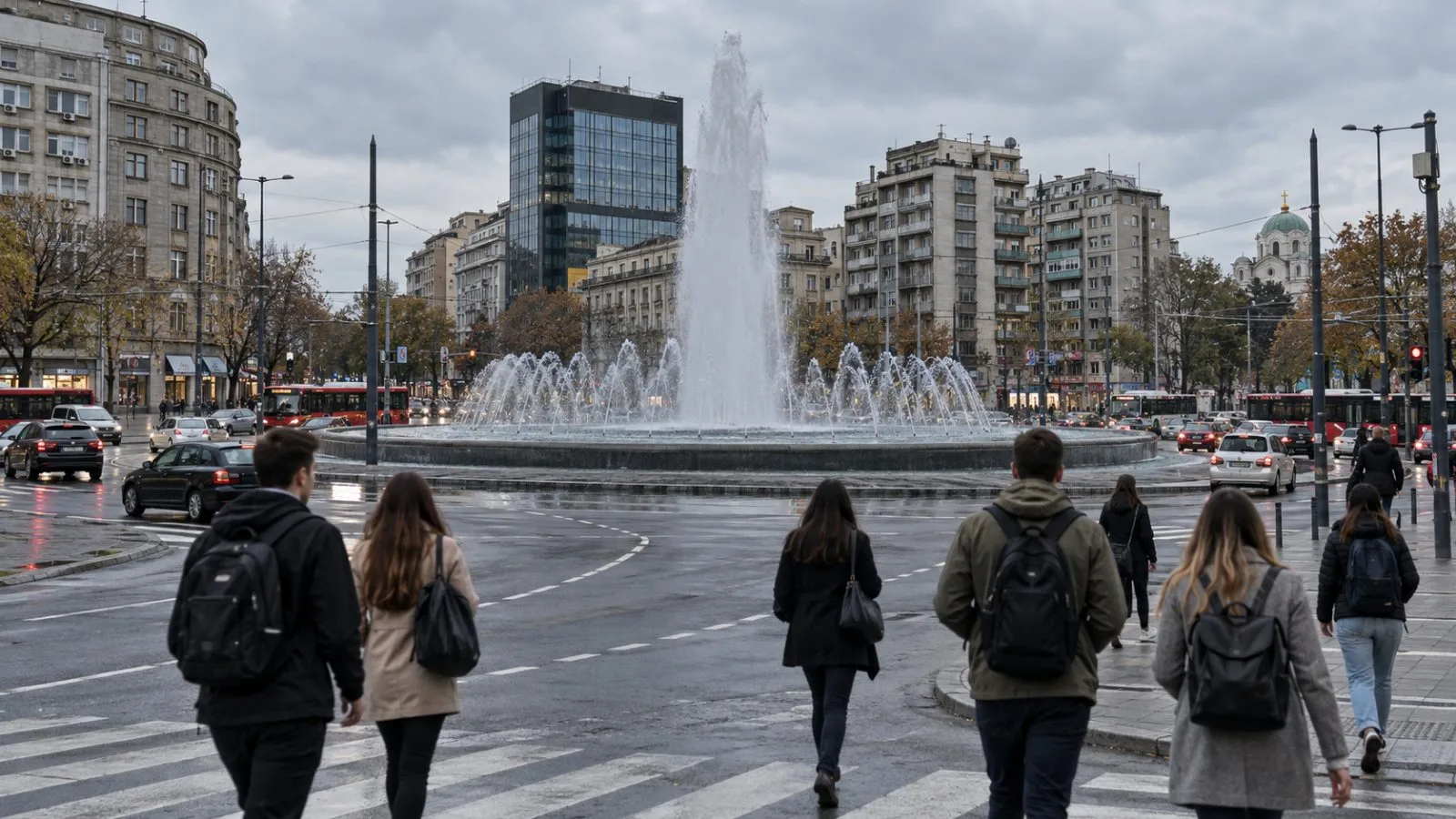 Pedestrians cross Slavija Square in Belgrade, Serbia, under overcast afternoon skies. (AI-generated image / EconoTimes)