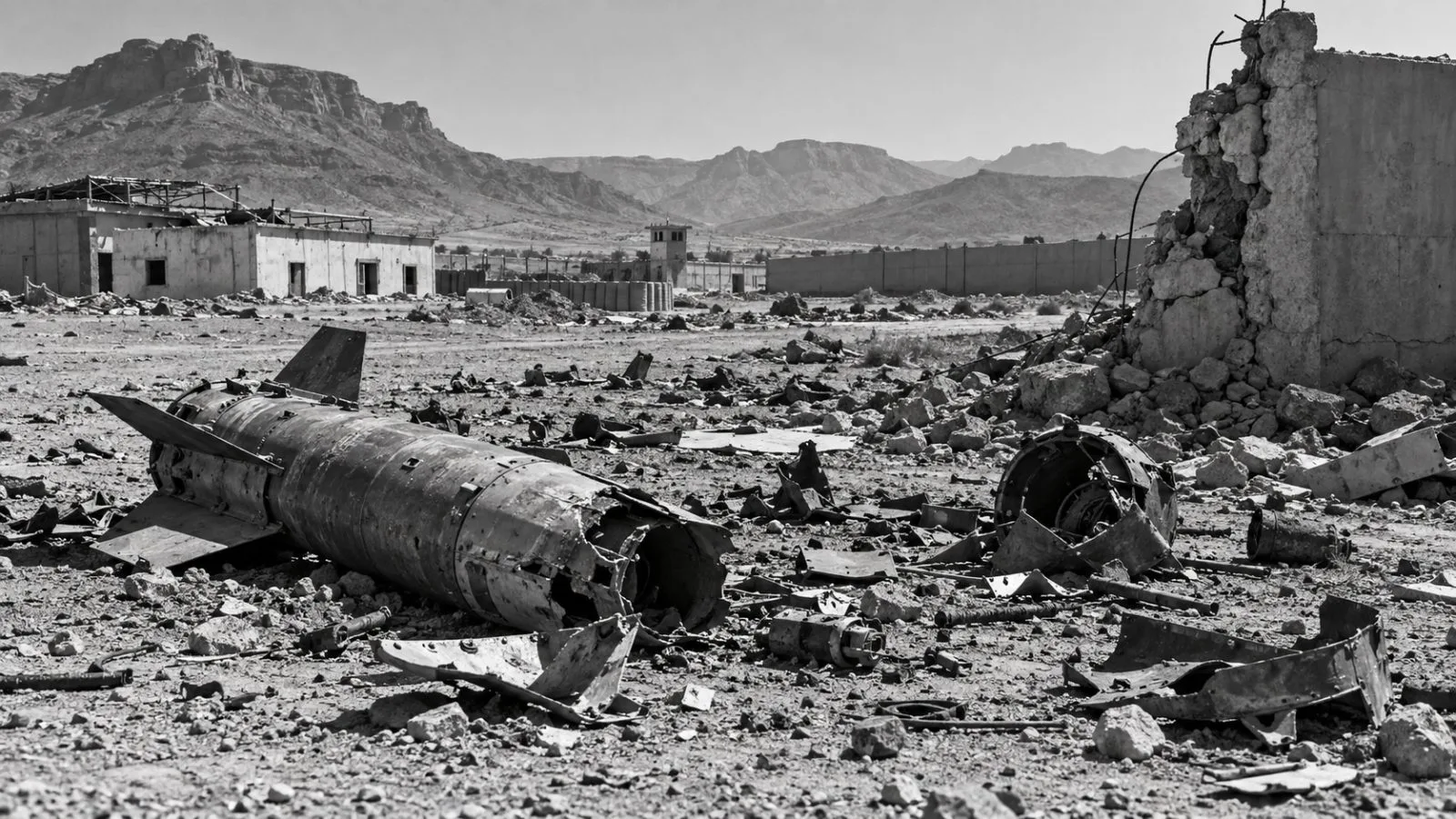 Damaged buildings and missile debris mark al-Alam camp in Jardan district, Shabwa, Yemen. (AI-generated image / EconoTimes)
